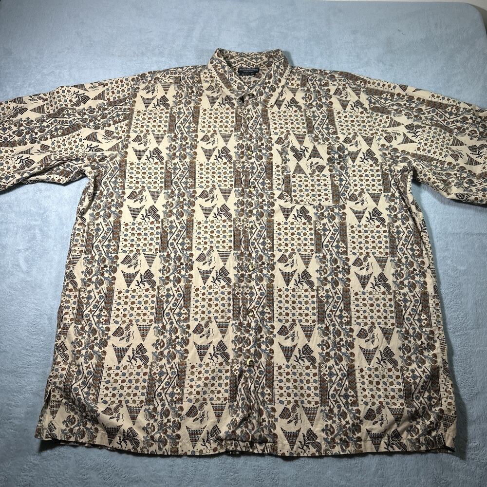 Vtg 70s The J Peterman Co Hawaiian Button Up Shirt XL Aztec Floral AOP Tropicana